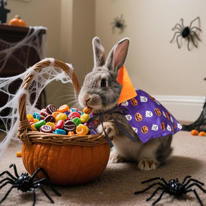 Bunny in a Halloween costume next to a pumpkin filled with candy, surrounded by spider decorations at Pet Servo