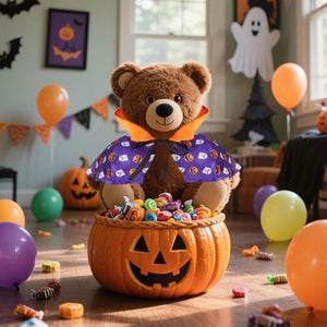 Teddy bear in a Halloween costume with a pumpkin basket filled with candy in a room decorated for Halloween at Pet Servo