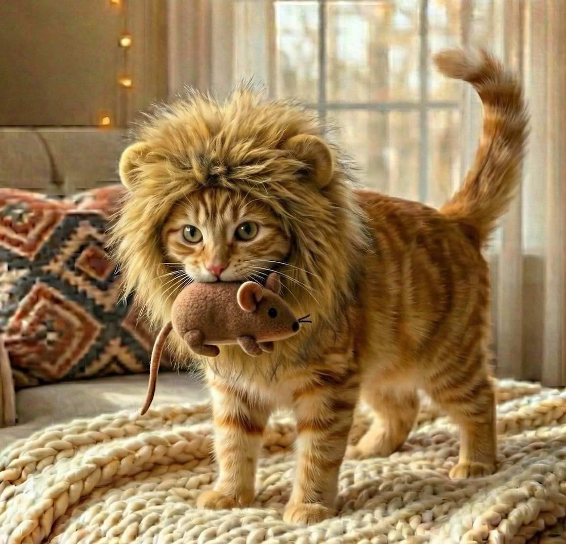 Cat wearing a lion costume with a toy mouse indoors at Pet Servo