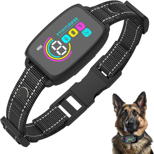 Black dog collar with digital display and a German Shepherd wearing it at Pet Servo