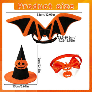 Product size chart for a Halloween costume accessory set, showing a black-and-orange bat wing headband with dimensions, a black witch hat with an orange jack-o'-lantern and orange brim with measurements, and a red-and-orange bow headband with pumpkin charms.