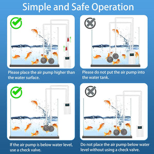 Illustrations showing correct and incorrect ways to place an air pump in a fish tank with text explaining the rules at Pet Servo