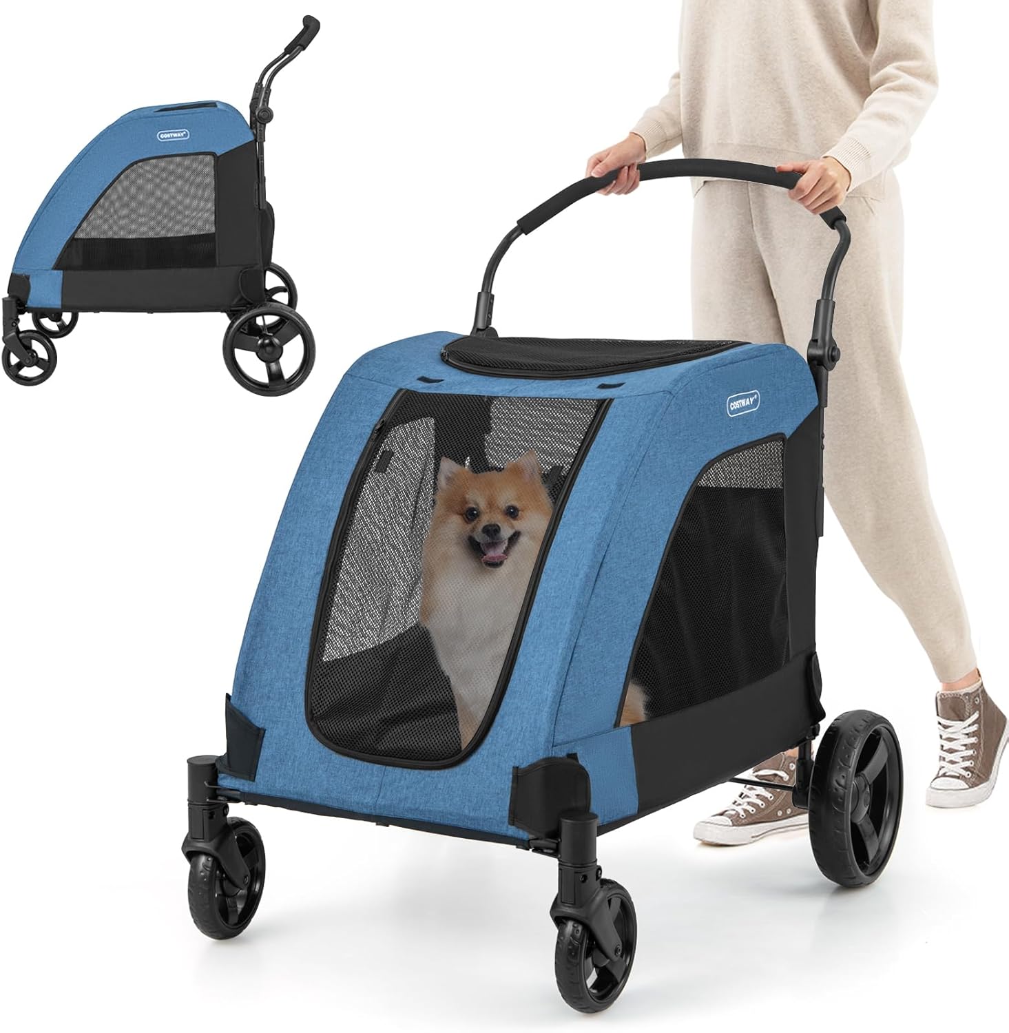Costway - Extra Large Pet Stroller Dog Cat Carrier Cage Foldable Pet Pram Travel Cart - Black