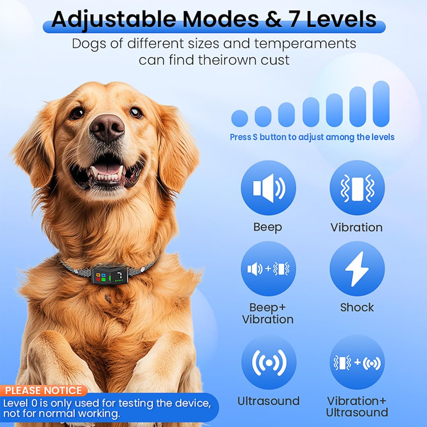 Dog wearing a collar with adjustable modes and levels displayed on a blue background at Pet Servo