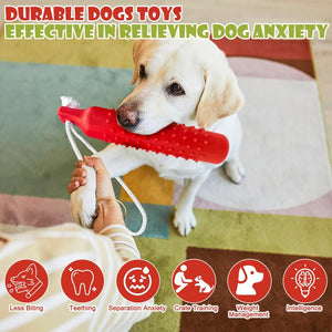 Dog playing with a red toy, effective in relieving dog anxiety, on a carpeted floor at Pet Servo