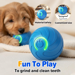 Blue dog toy with green accents on a white surface, featuring a puppy and product details at Pet Servo