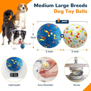 Dog toy balls for medium to large breeds with features highlighted on an orange background at Pet Servo
