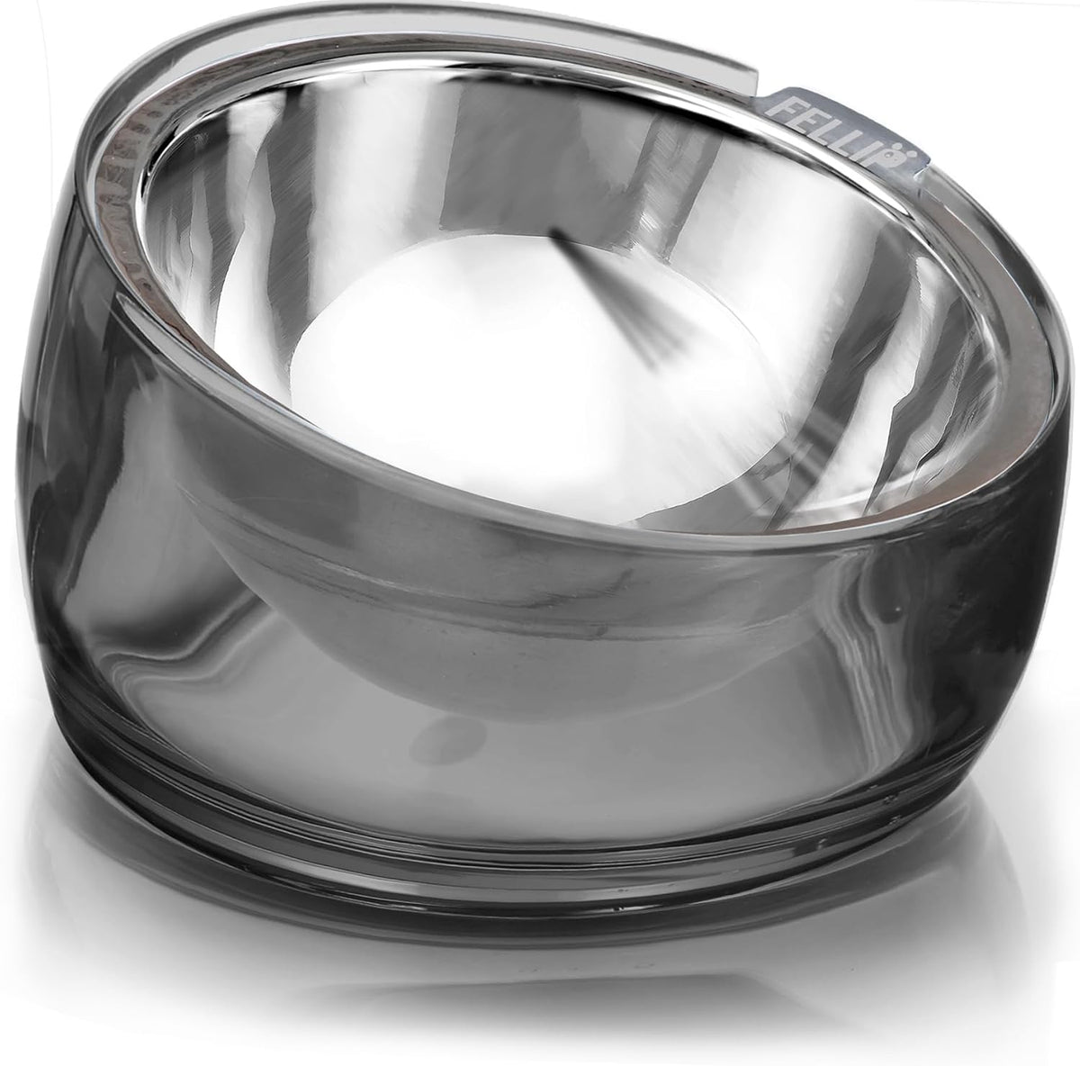A modern oval-shaped ashtray with a clear smoky gray outer bowl and a polished silver metallic inner bowl, shown on a white background at Pet Servo