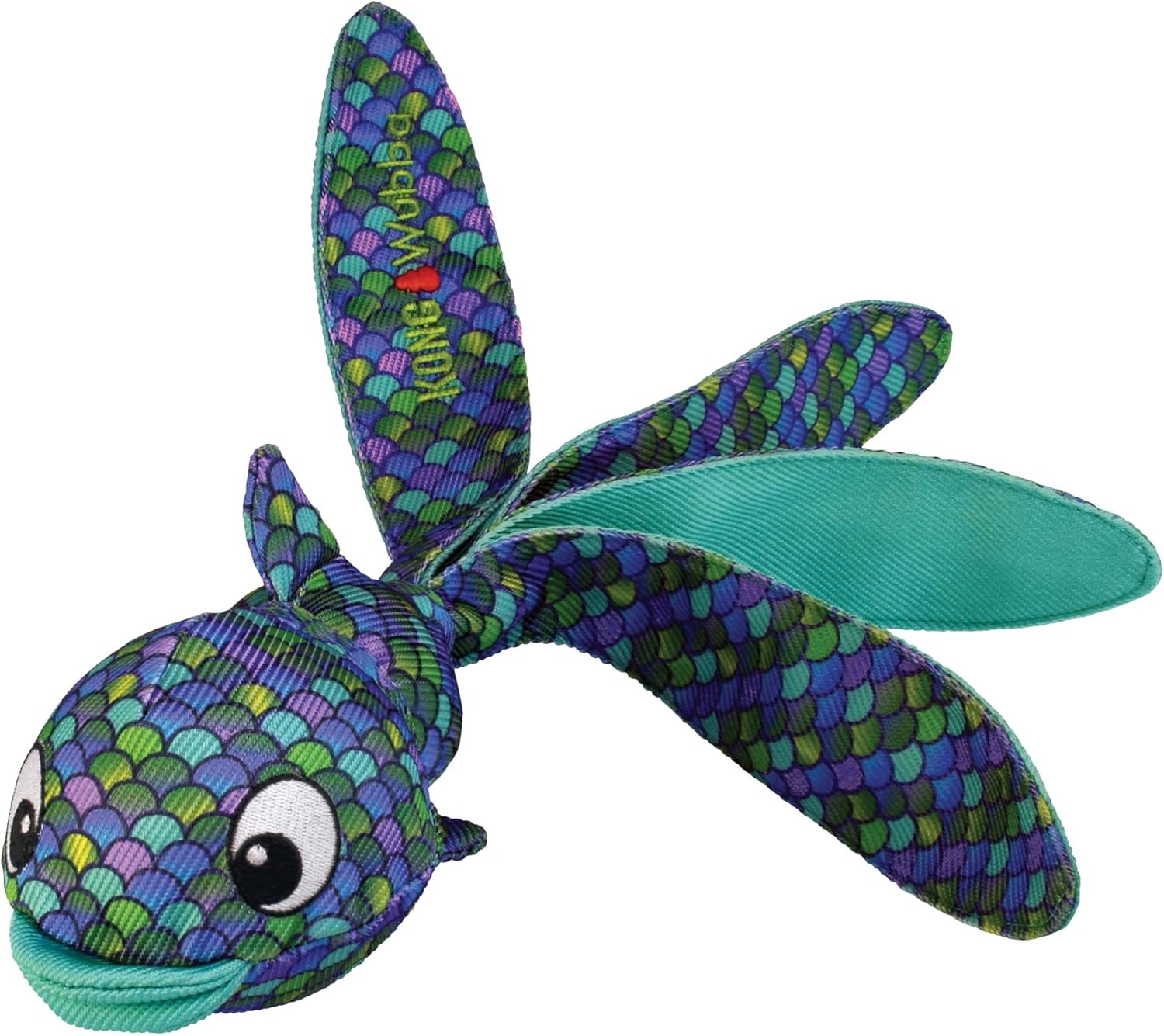 Colorful fish-shaped toy with patterned body and teal fins on a white background at Pet Servo