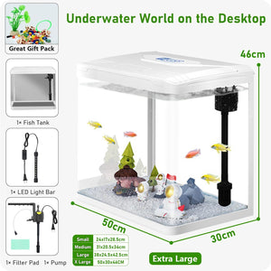 Small fish tank with decorative elements and LED light bar, featuring dimensions and product details.