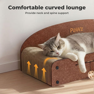 A gray and white cat rests on a curved brown cat lounge bed with scratching panels, shown in a home setting with text at the top reading 'Comfortable curved lounge' and 'Provide neck and spine support.' The brand name 'PaWz' appears on the product at Pet Servo