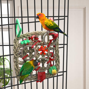 Two colorful parrots on a bird toy inside a cage at Pet Servo