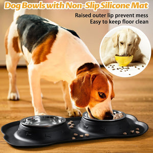 Dog drinking from a bowl on a non-slip silicone mat with text highlighting features at Pet Servo