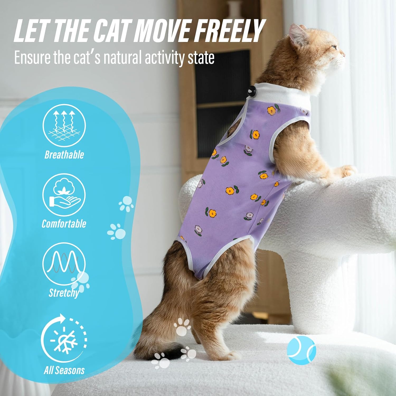 Cat wearing a purple harness with text about ensuring the cat's natural activity state at Pet Servo