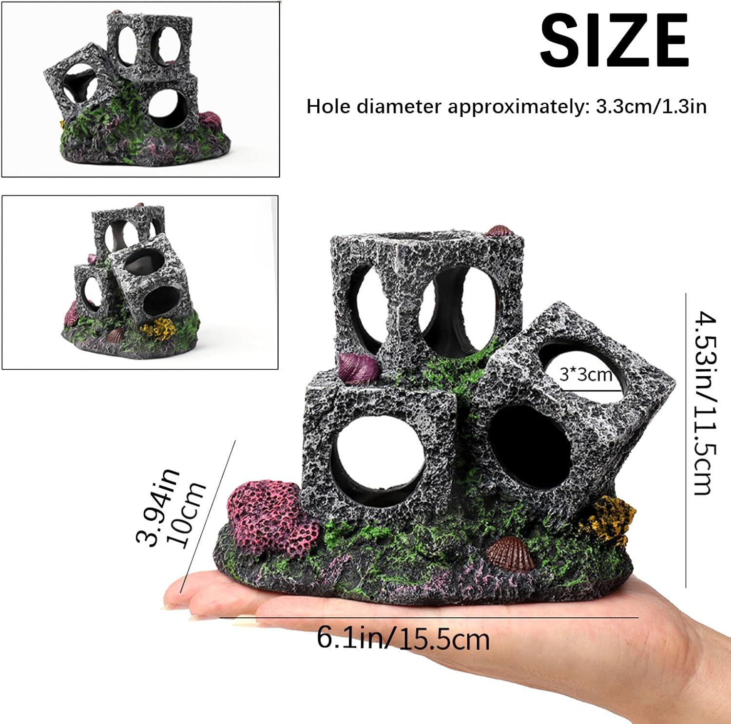 Decorative aquarium rockery with dimensions displayed on a white background at Pet Servo