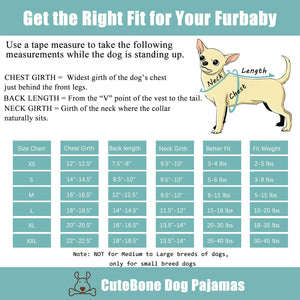 Dog pajama size chart with measurements and a cartoon dog illustration on a blue background at Pet Servo
