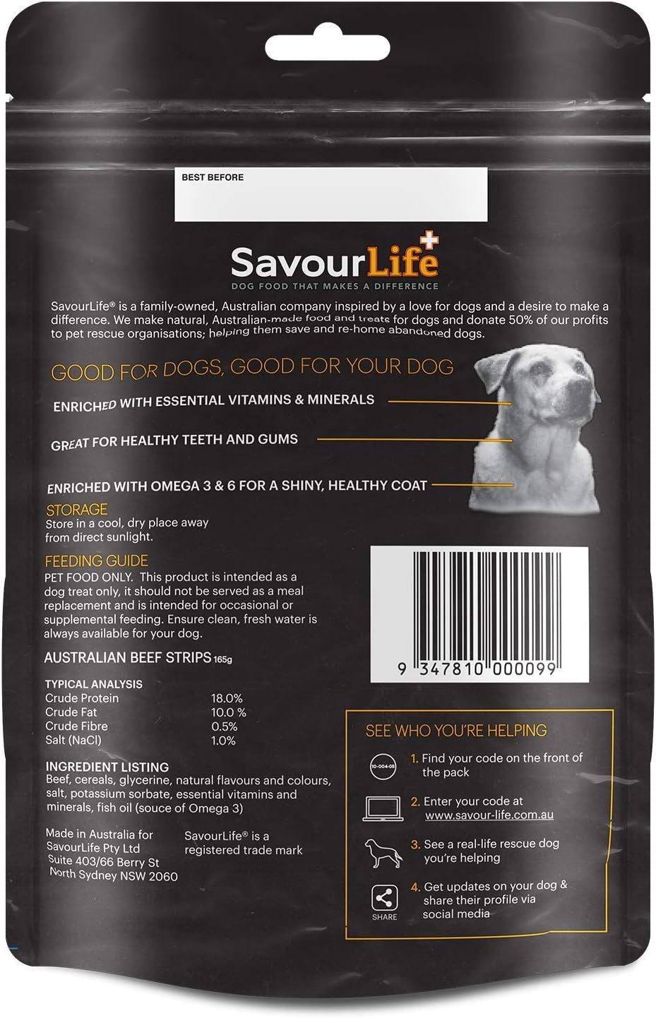 Savourlife dog food packaging with text and a barcode on a black background at Pet Servo