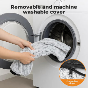 Person holding a blanket in front of an open washing machine with text 'Removable and machine washable cover' and inset showing a zipper at Pet Servo