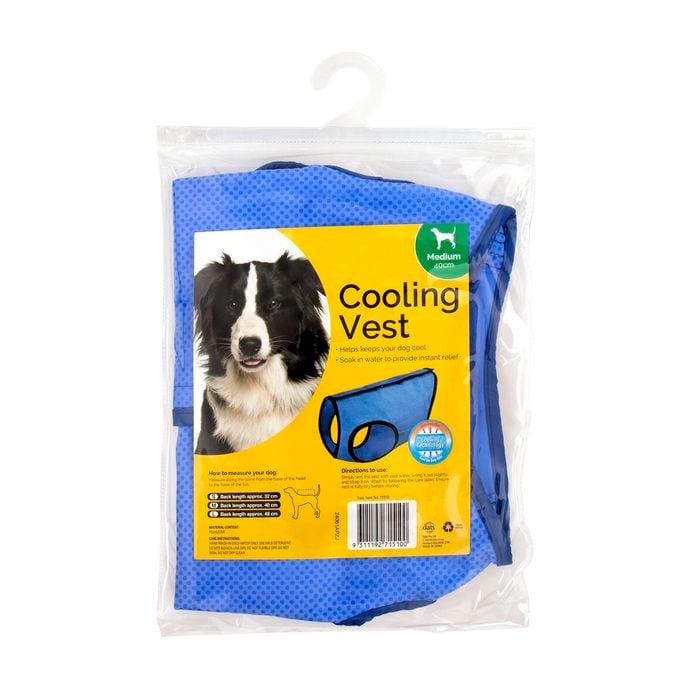 Blue dog cooling vest in packaging with a yellow label featuring a dog illustration at Pet Servo