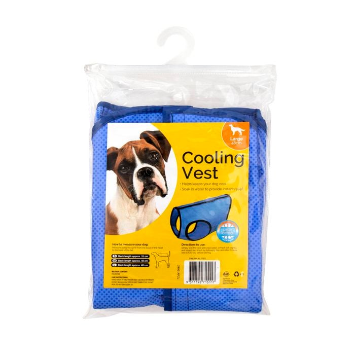 Blue cooling vest for dogs in a clear package with a yellow label featuring a dog's face at Pet Servo