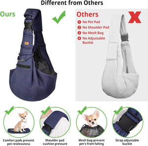 Navy blue pet sling with features highlighted on a white background at Pet Servo