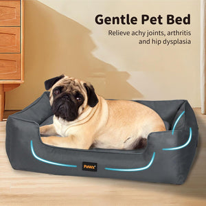 Dog lying on a gray pet bed with text about joint relief at Pet Servo