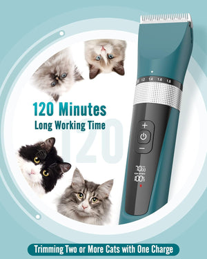 Cat grooming trimmer with images of cats and text about battery life on a light blue background at Pet Servo