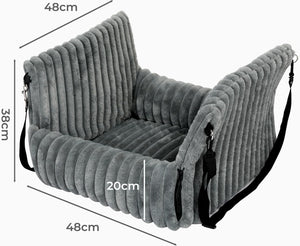 Gray pet car seat with dimensions on a white background at Pet Servo