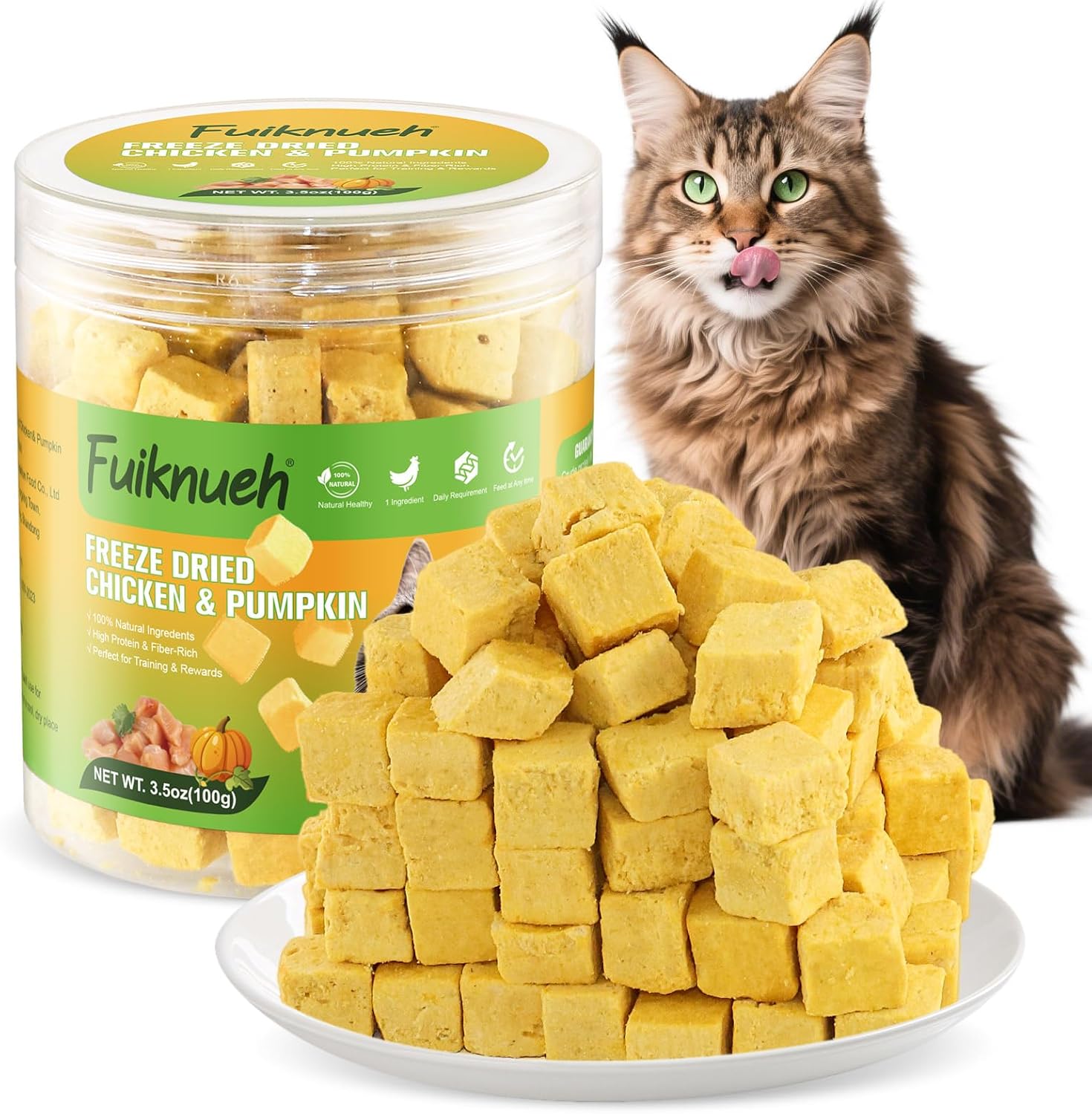 Cat treats with a container labeled 'Fuiknueh' on a white background at Pet Servo