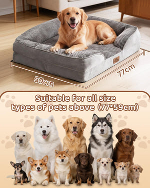 Dog lying on a large gray pet bed with dimensions and a group of dogs below at Pet Servo