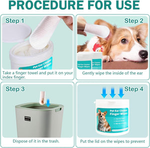 Step-by-step guide on using pet ear cleaner wipes with images and text at Pet Servo