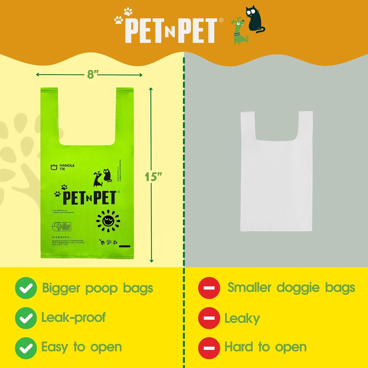 Comparison chart of green and white pet product bags with 'PETnPET' branding.