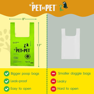 Comparison chart of green and white pet product bags with 'PETnPET' branding.