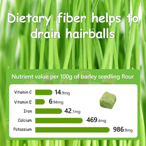 Barley seedling flour packaging with nutritional information and green grass background at Pet Servo