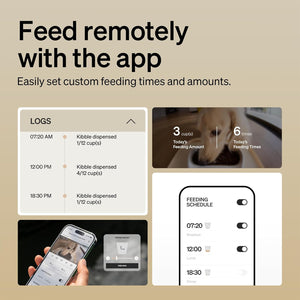 Advertisement for a remote pet feeding app with smartphone and app interface on a beige background.