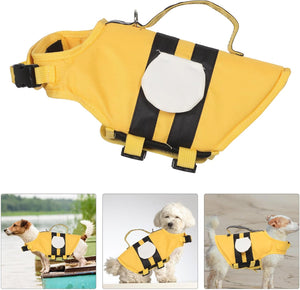 Yellow and black dog life jacket with inset images of dogs wearing it at Pet Servo