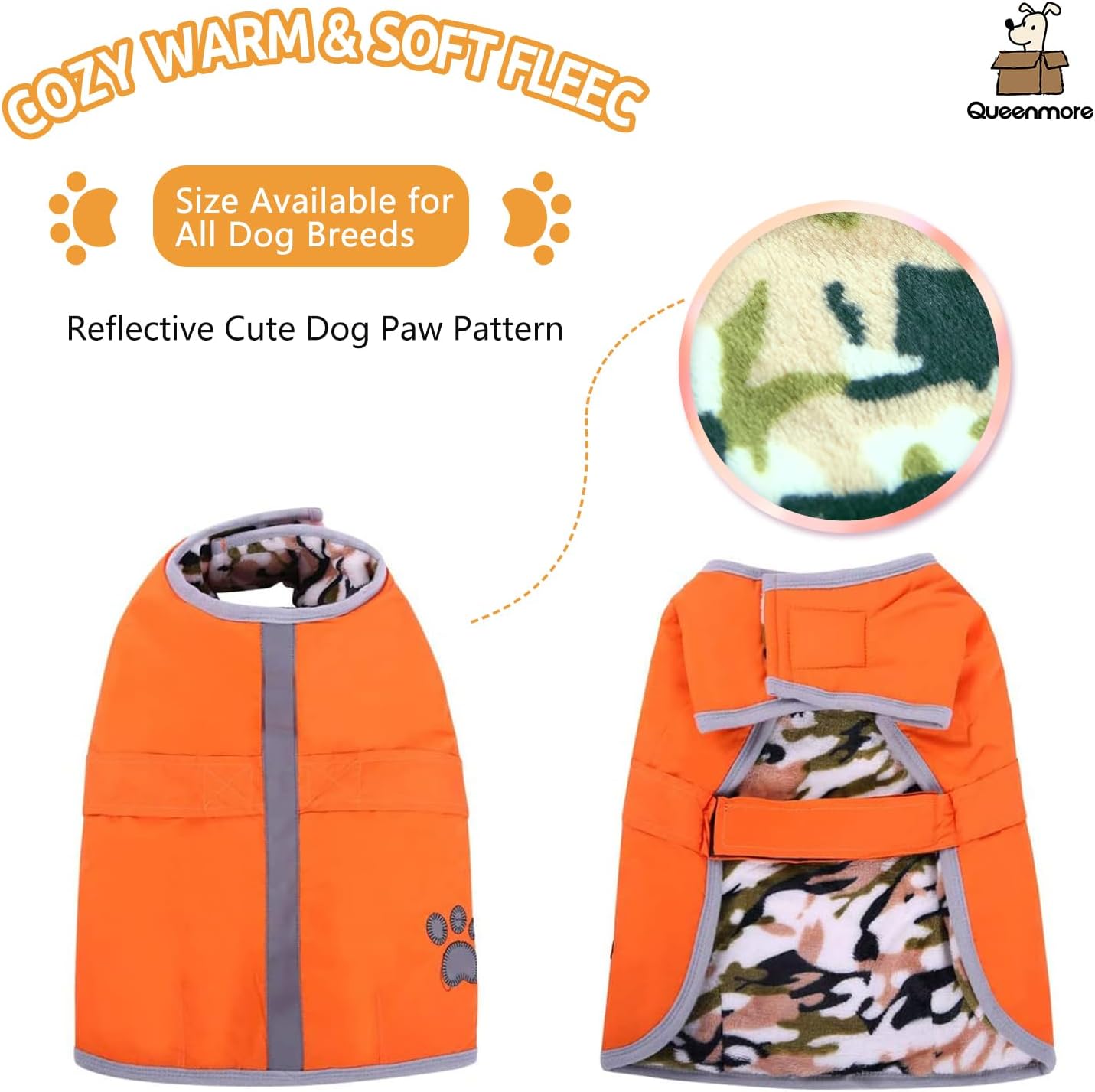 Orange dog coat with reflective paw pattern on a white background, featuring Queenmore branding at Pet Servo