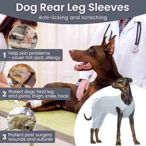 Dog rear leg sleeves product advertisement with a dog and a vet, showing benefits like anti-licking and scratching.
