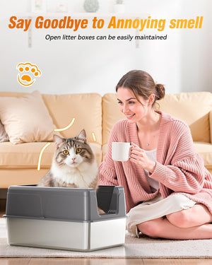 Woman with a cat using a litter box, with text about maintaining open litter boxes at Pet Servo