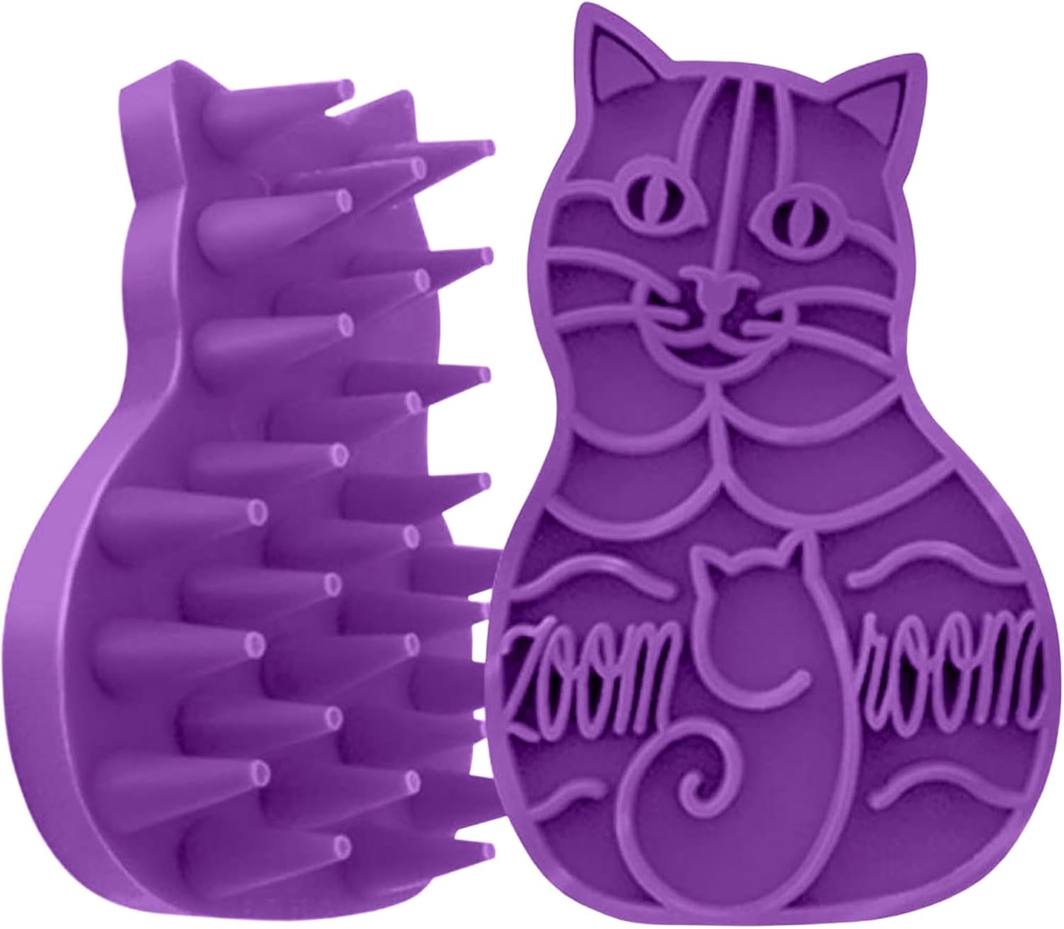 Purple cat-shaped grooming brush with 'Zoom Groom' branding on a white background at Pet Servo