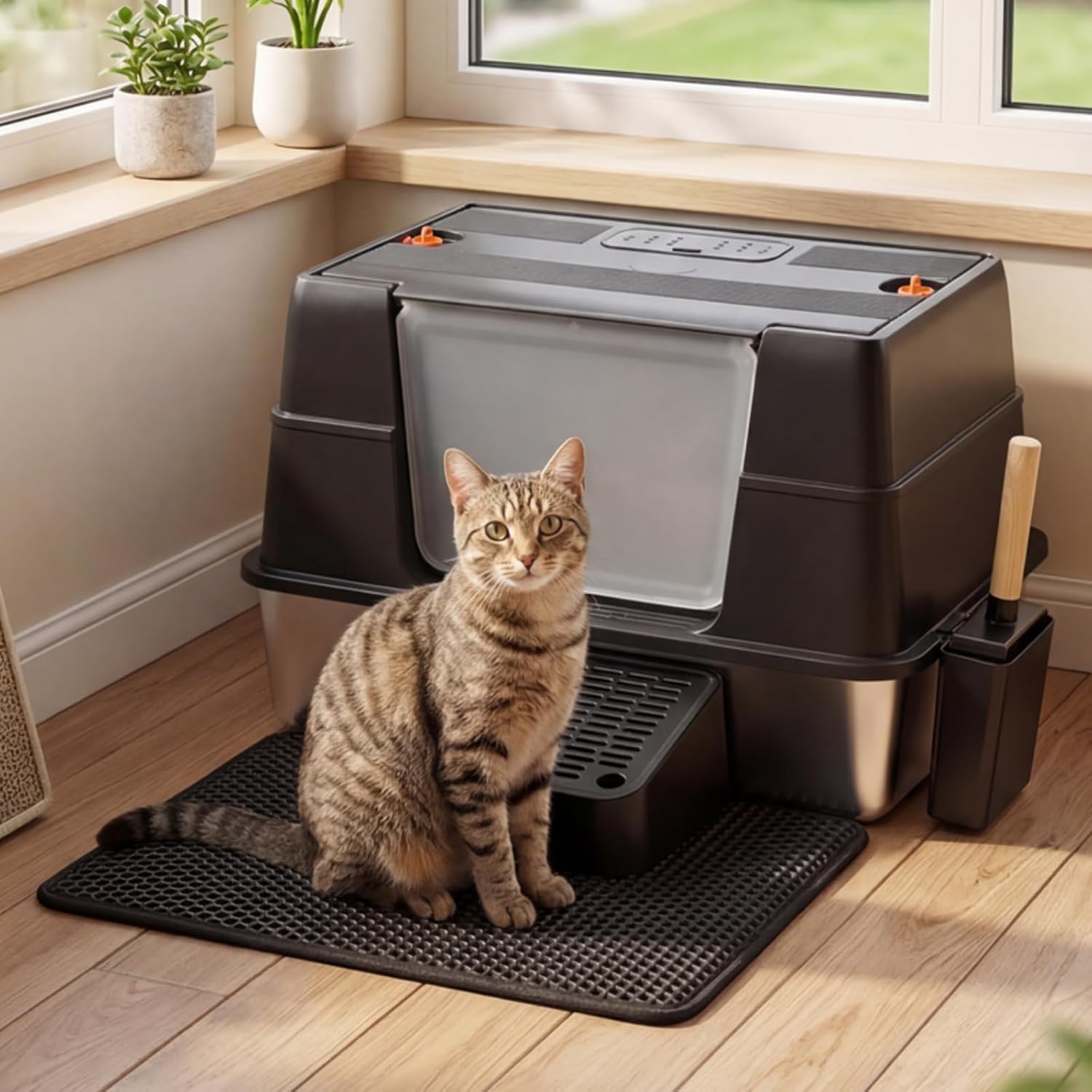 Pawz - Extra-Large Stainless-Steel Cat Litter Box Odour Control with Lid at Pet Servo