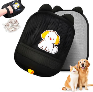 Black pet car seat cover with cartoon dog design, a paw print, and two pets sitting next to it at Pet Servo