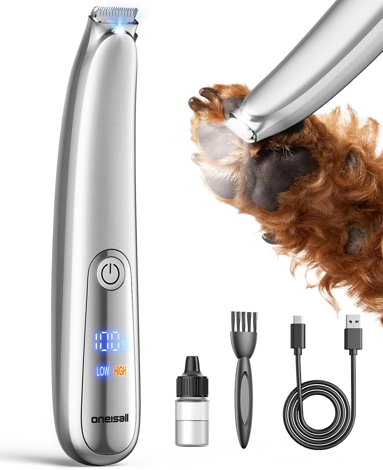Pet grooming tool with digital display, attachments, and charging cable on a white background at Pet Servo