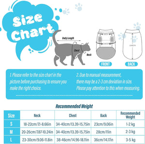 Cat size chart with measurements and recommended weights on a white background at Pet Servo