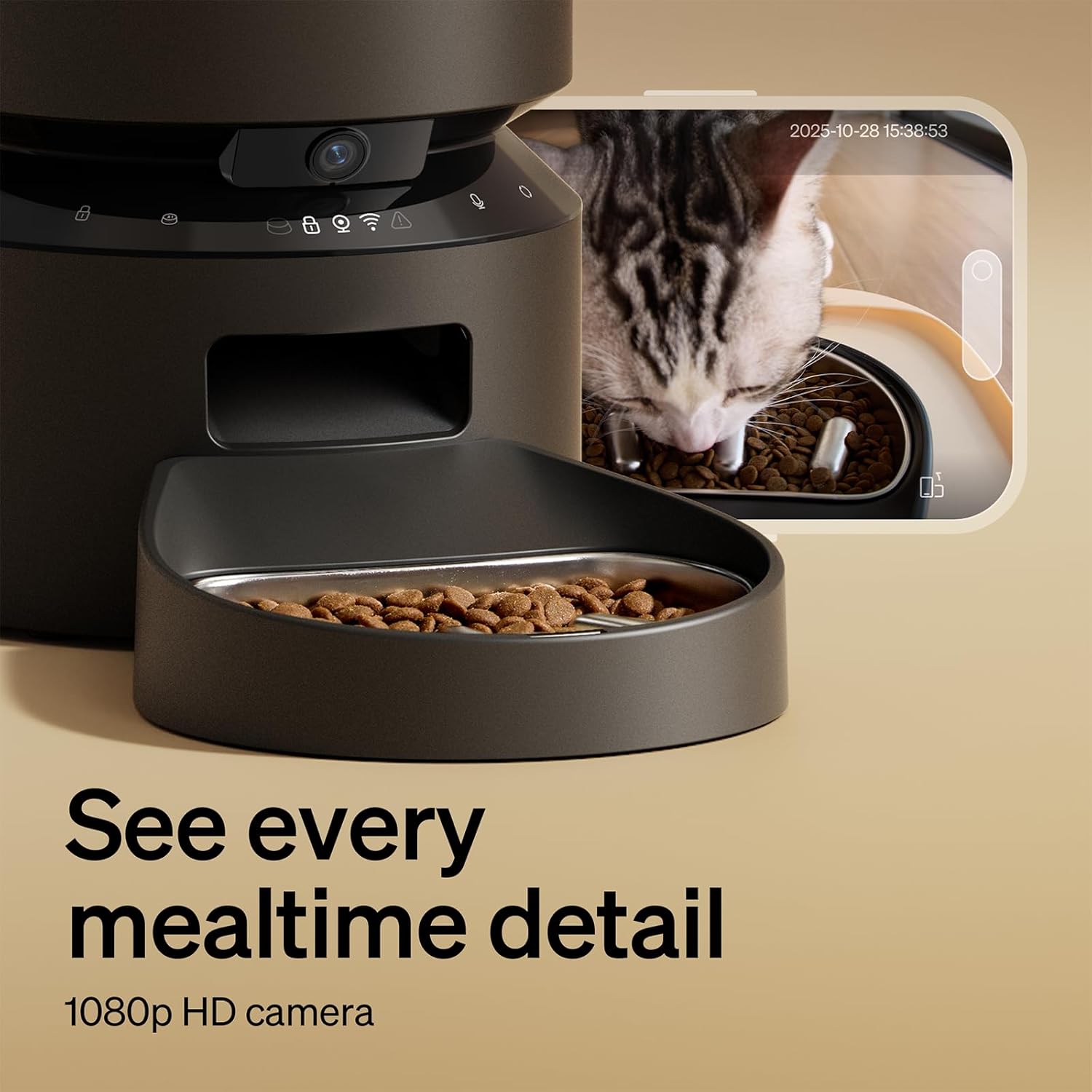 Pet feeder with 1080p HD camera displaying a cat eating, on a beige background.
