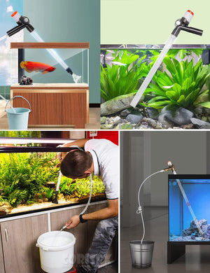 Collage of images showing an aquarium cleaning tool in use with fish tanks and plants at Pet Servo