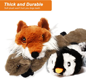 Plush dog toys shaped like a fox, wolf, and penguin on a white background with text about thickness and durability at Pet Servo
