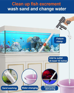 Aquarium cleaning tool with text on cleaning fish excrement, washing sand, and changing water at Pet Servo