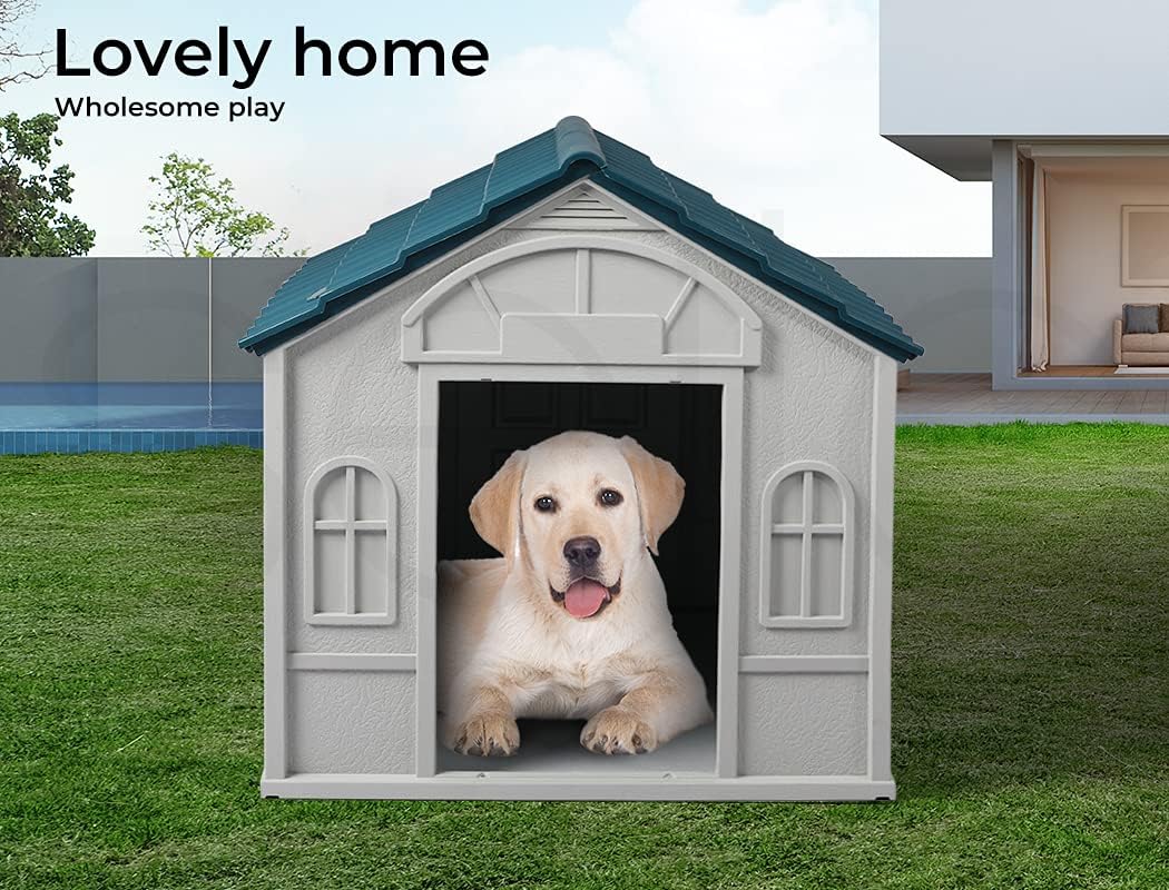 A small house-shaped doghouse with a dark teal roof and light gray body, shown on a grassy lawn with a yellow Labrador inside. Text in the top left reads 'Lovely home Wholesome play' at Pet Servo