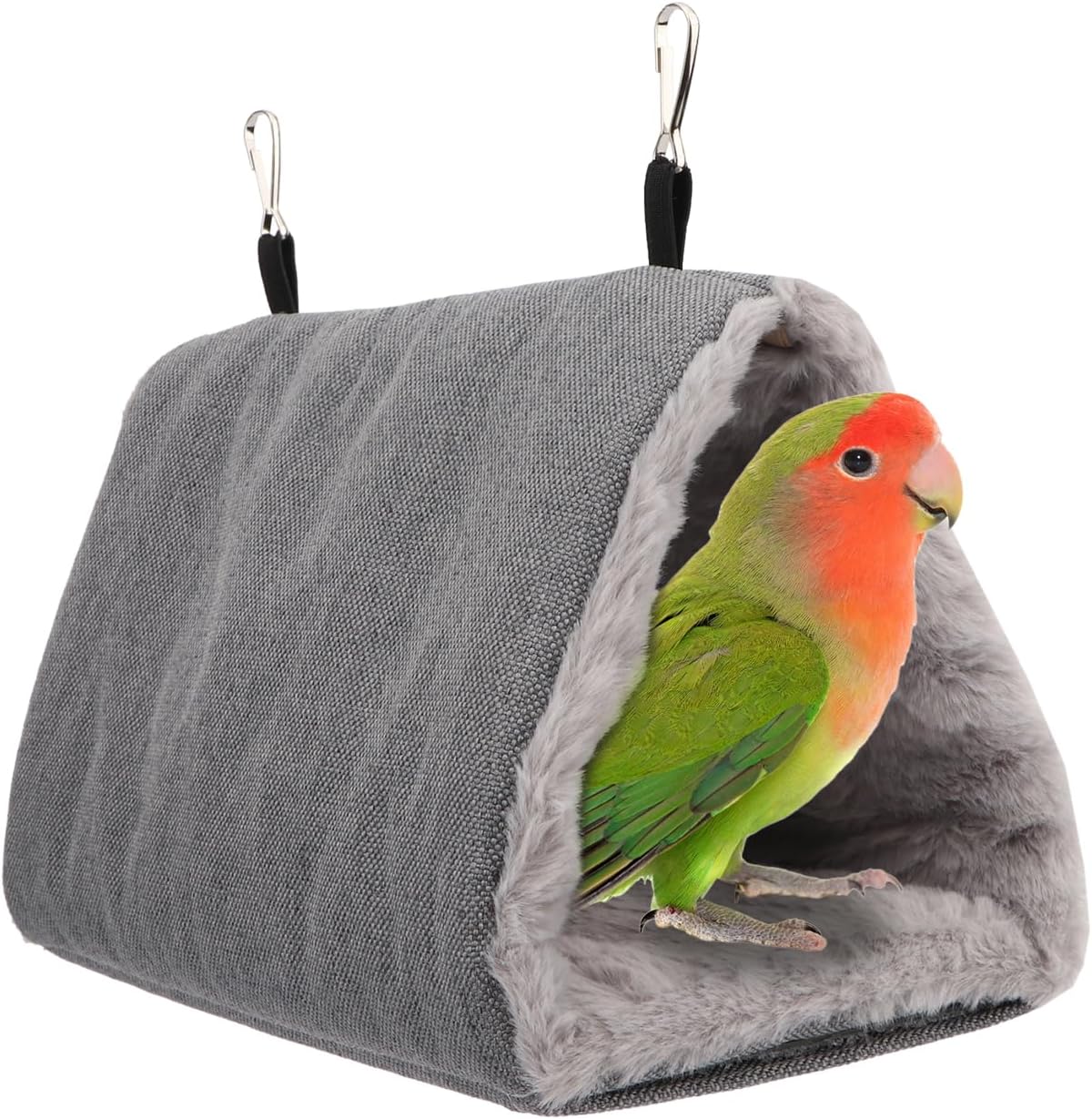 Gray bird hammock with a colorful parrot inside on a white background at Pet Servo